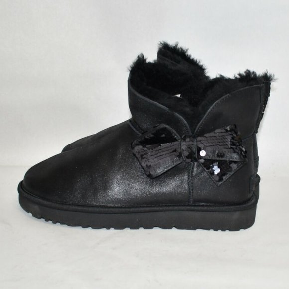 $210 UGG Mini Sequin Bow Wool Lined SHEARLING Bootie BLACK 6 (SE6) - Picture 5 of 11